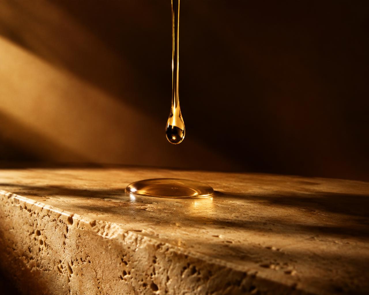 A drop of golden oil falling onto travertine